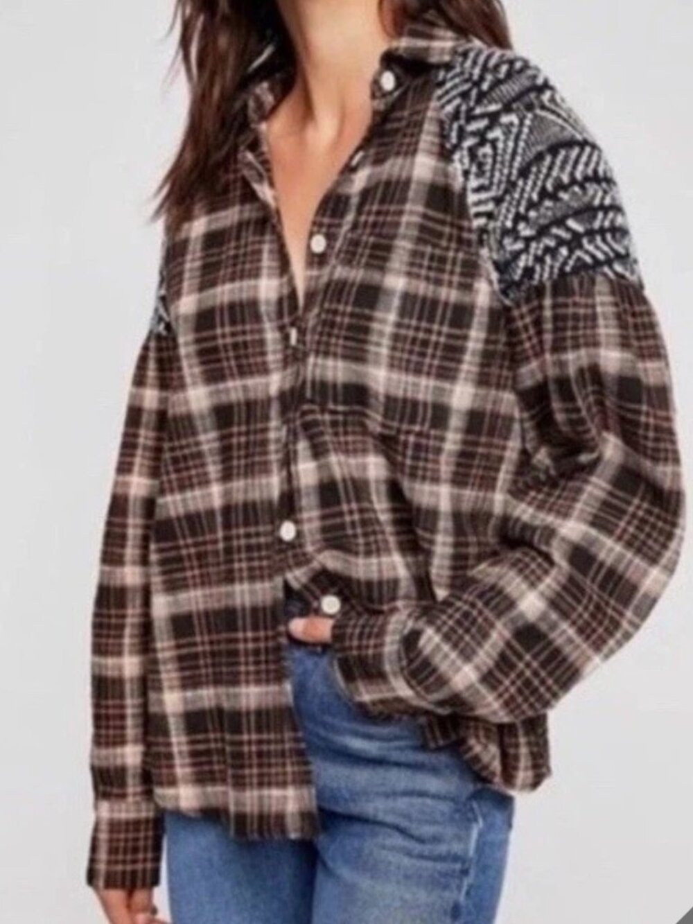 FREE PEOPLE Brown/Black Plaid Fireside Nights Button Down Shirt sz S